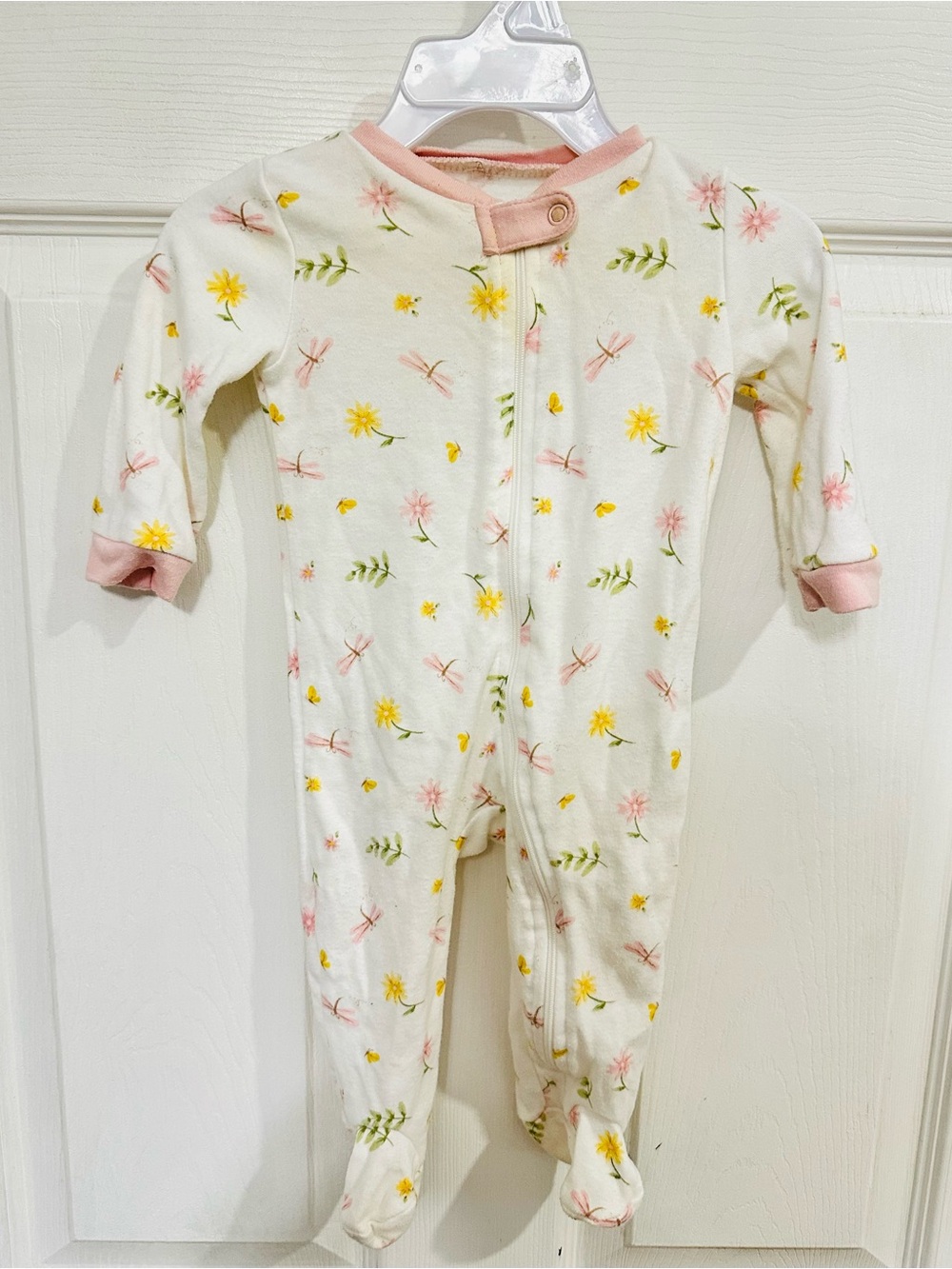 Unbranded Cream Floral Footed One-Piece with Pink Trim